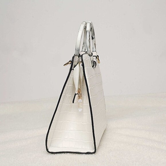 NEW White Bag With Double Marble Like Handles Zip Closure Shoulder Straps - Picture 2 of 8